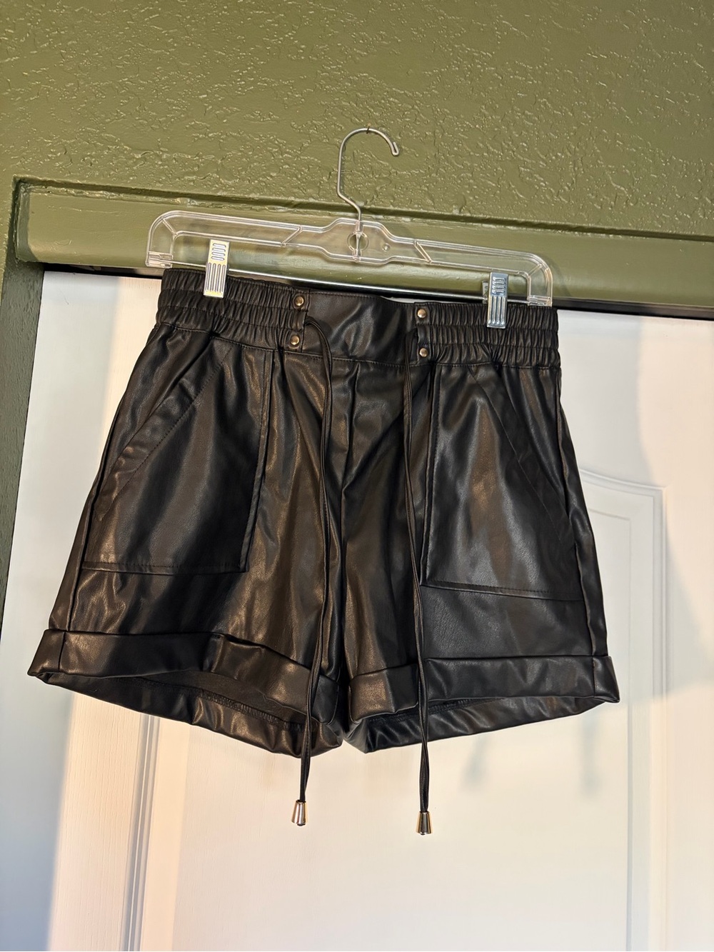 Faux Leather Black Drawstring Women's Shorts